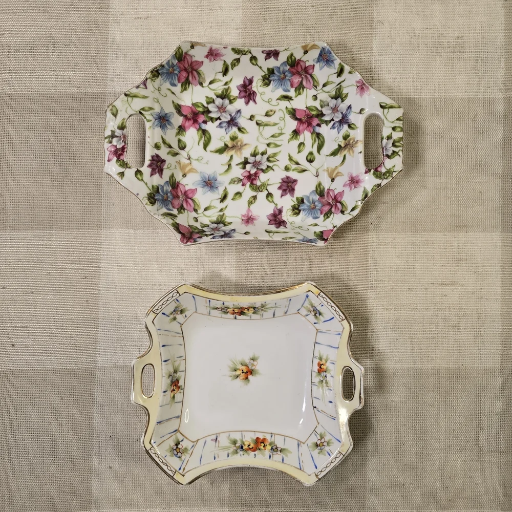 Vintage Porcelain Hand Painted Floral Small Trinket Vanity Tray Dish X 2
